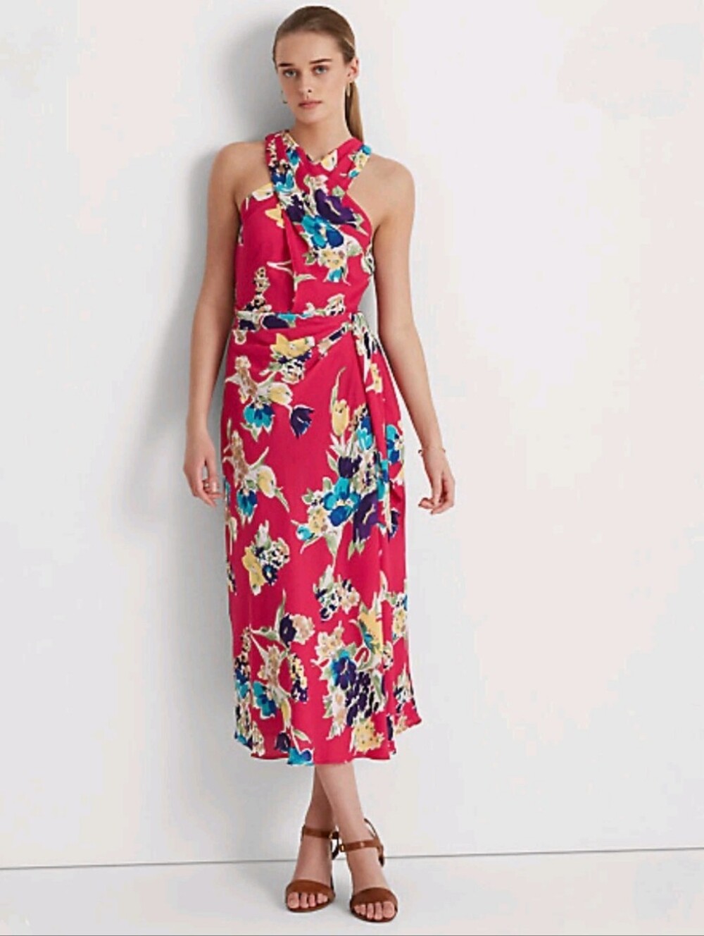 Lauren Ralph Lauren Black Label Floral Georgette Halter Midi Dress Size 16 Event